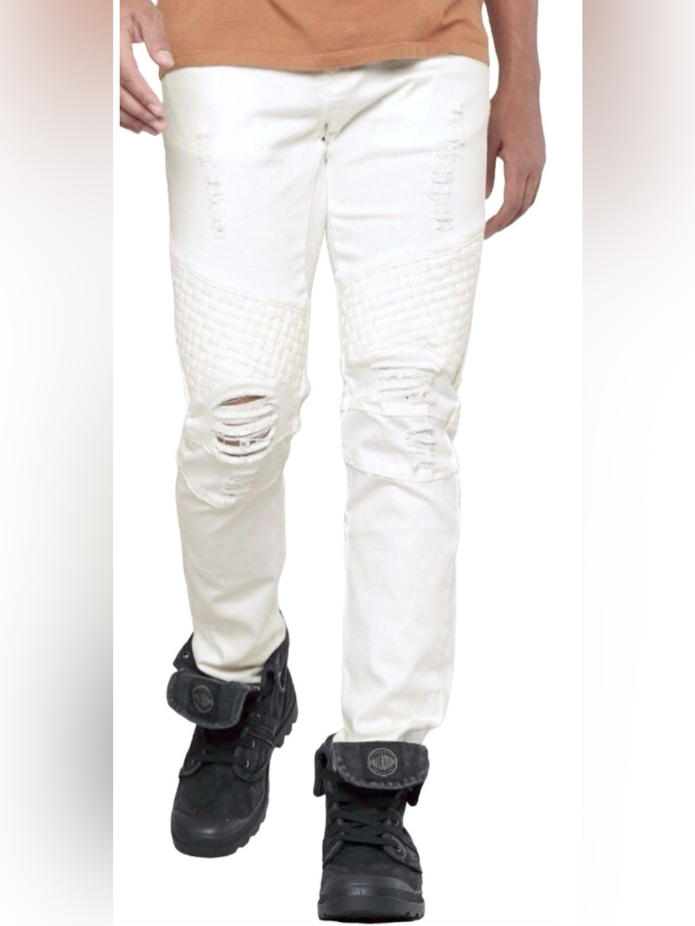 CRYSP DENIM BUCKLE WHITE BIKER SKINNY STRETCH DESTRUCTION WEAVED MOTO JEANS 30